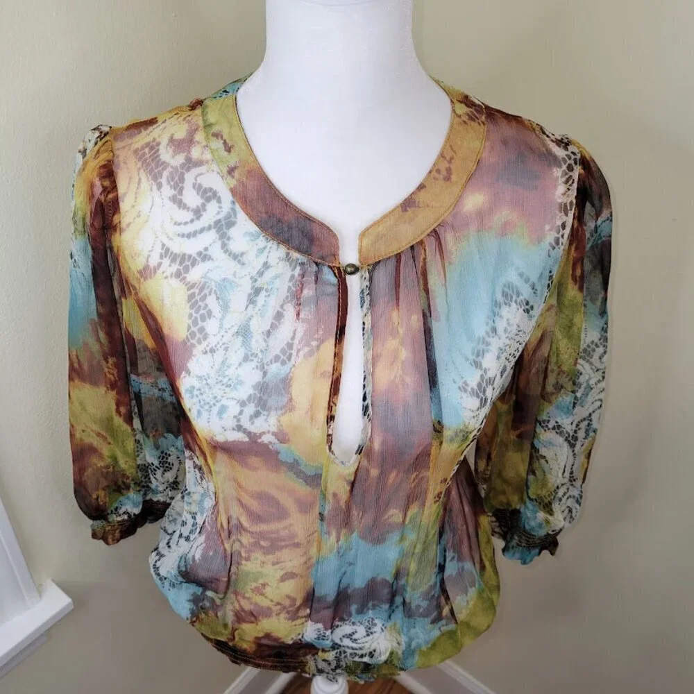Everest Apparel 100% Silk Blouse Sheer Multicolored Elastic Waist Top Size S - Picture 3 of 14
